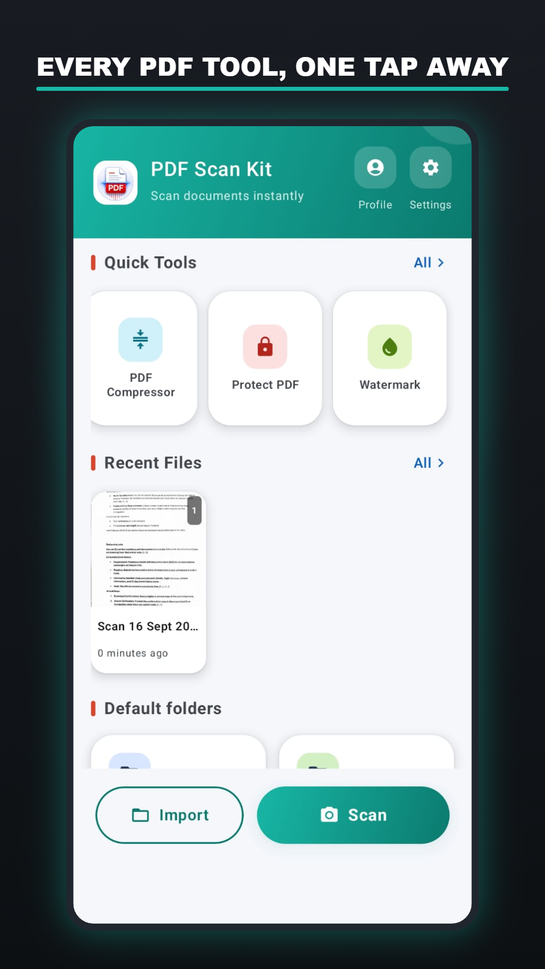 PDF Scan Kit home screen showing quick tools and recent scans